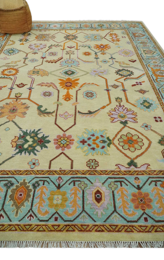 Traditional Oriental Colorful Oushak Hand knotted Beige and Aqua 9x12 ft Bedroom, Living Room Rug ,wool Area Rug