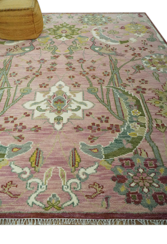 Peach, Green, Olive And Beige Antique Floral Jungle Hand Knotted 8x10 ft Wool Rug, Living Room Rug