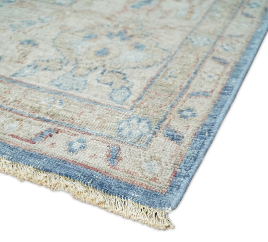 Blue And Beige Vintage Traditional Handknotted Persian Rug Made with Wool | Oxidised,DIstressed low Pile Vintage Rug, Living Room Rug