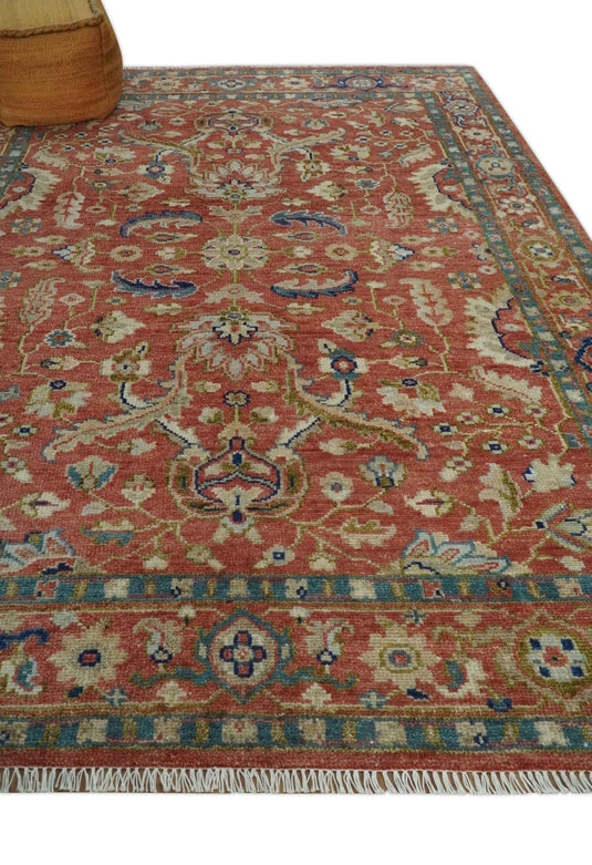 Custom Made Rust, Blue, Ivory And Teal Persian Floral Hand Knotted Wool Area Rug