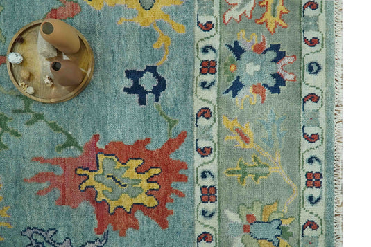 Custom Made Hand Knotted Blue and Moss Green Colorful Traditional Oushak Rug wool Area Rug