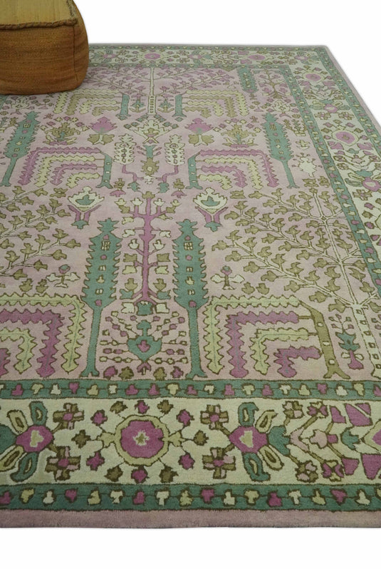 Tree Of Life Light Pink, Ivory, Beige And Green Hand Tufted 8x10 ft Bedroom, Living Room Rug Wool Area Rug