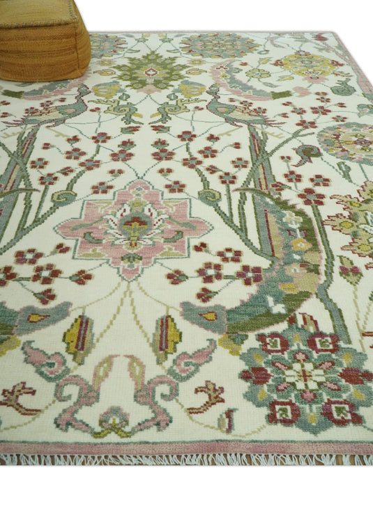 Custom Made Ivory, Maroon, Green And Peach Antique Floral Jungle Hand Knotted Wool Area Rug