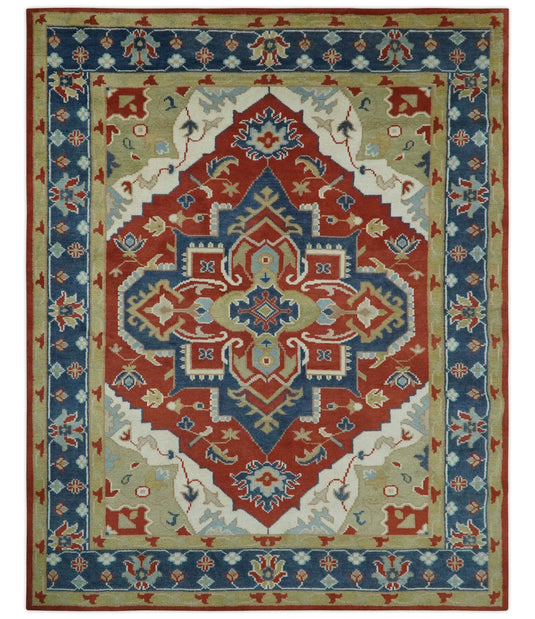 Custom Made Traditional Medallion Pattern Red, Blue, Ivory and Olive Hand Knotted wool Area Rug