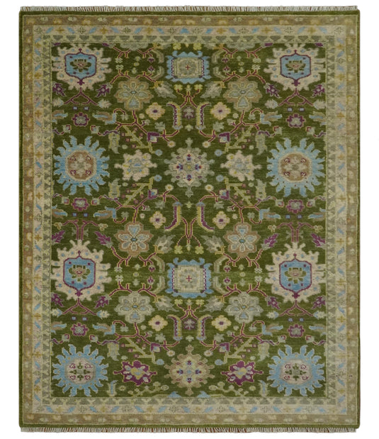 Custom Made Hand Knotted Green, Blue And Purple Herati Wool Area Rug