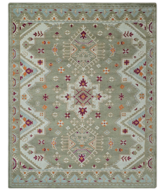 Custom Made Tribal Pattern Olive, Ivory and Pink Traditional Hand knotted  wool Area Rug