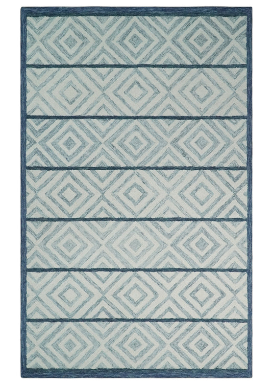 Custom Made Modern Geometrical Pattern Ivory, Gray And Blue Hand Tufted  Wool Area Rug