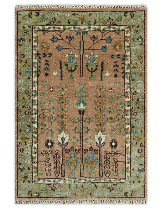 Pink,Olive and Beige Tree of Life Vintage Hand Knotted, Antique Turkish 5x8, 6x9, 8x10, 9x12, 10x14, 12x15 Wool Rug, Living Room Rug CP684S