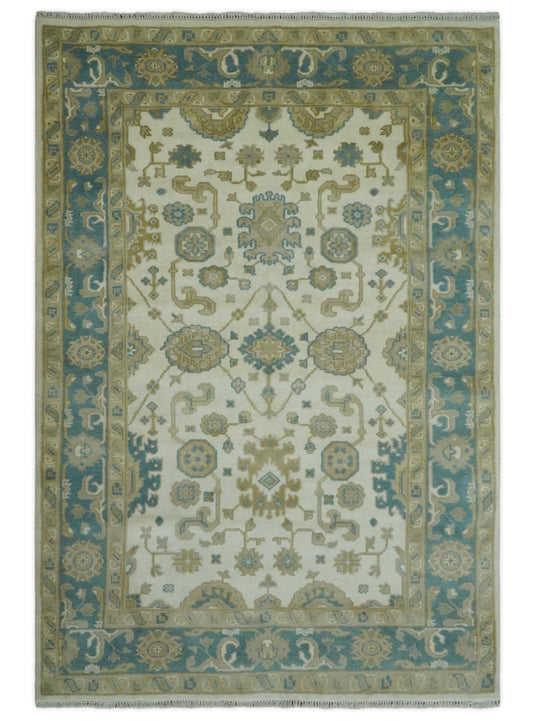 Hand Knotted Beige, Camel and Teal Oushak Rug 6x9 ft Ideal for Living, Bedroom And Dining Rooms | CP233669