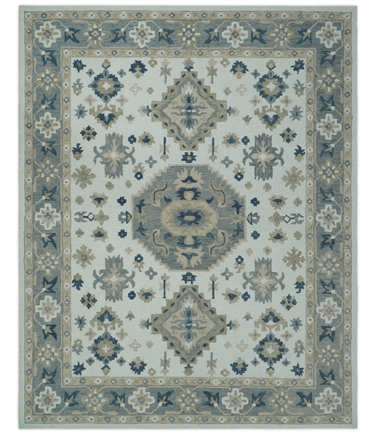 Custom Made Ivory, Beige, Gray And Blue Traditional Medallion Hand Tufted Wool Area Rug