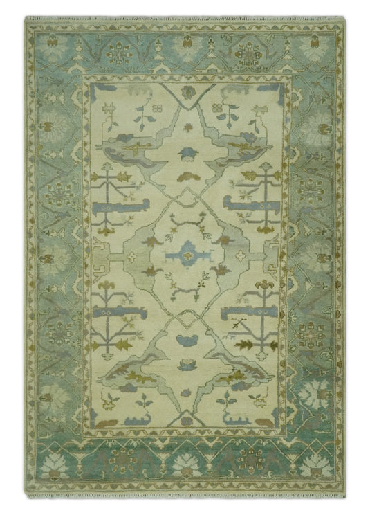 Custom Made Hand Knotted Sage Green, Beige, Gray And Green Oriental Oushak Wool Area Rug