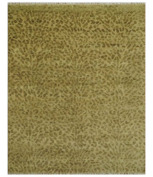 Custom Made Hand Knotted Olive Green And Khaki Leopard Print Design Wool Area Rug