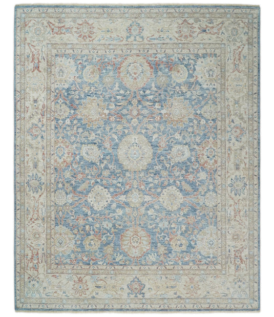 Blue And Beige Vintage Traditional Handknotted Persian Rug Made with Wool | Oxidised,DIstressed low Pile Vintage Rug, Living Room Rug