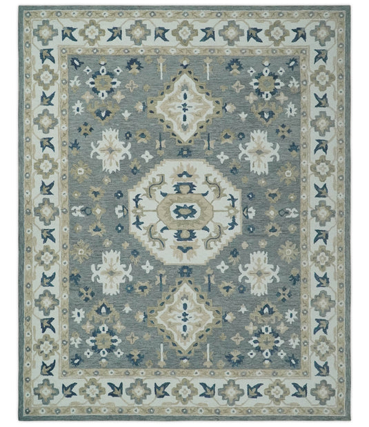 Custom Made Gray, Blue, Beige And Ivory Traditional Medallion Hand Tufted Wool Area Rug