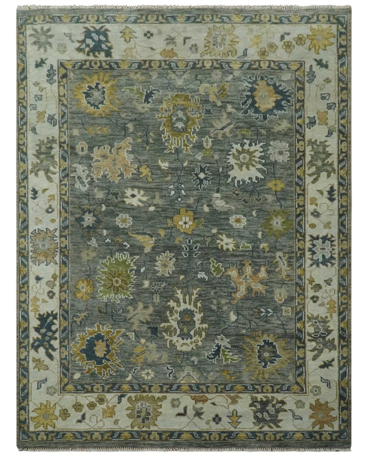 Custom Made Hand Knotted Charcoal, Ivory, Olive And Gray Traditional Wool  Area Rug