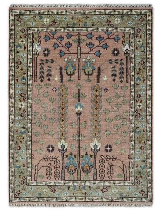 Pink,Olive and Beige Tree of Life Vintage Hand Knotted, Antique Turkish 5x8, 6x9, 8x10, 9x12, 10x14, 12x15 Wool Rug, Living Room Rug CP684S