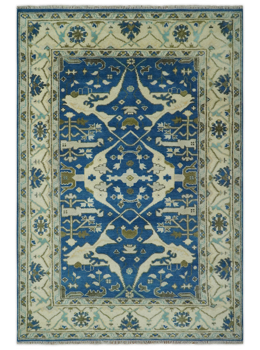 Custom Made Hand Knotted Oriental Oushak Blue, Ivory And Olive Wool Area Rug