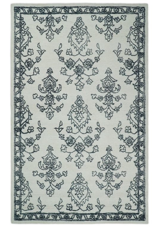 Custom Made Floral Pattern Black And White Hand Tufted Wool Area Rug