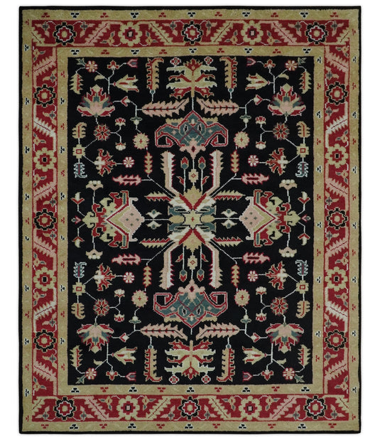 Custom Made Traditional Pattern Black and Maroon Hand Knotted Wool Area Rug