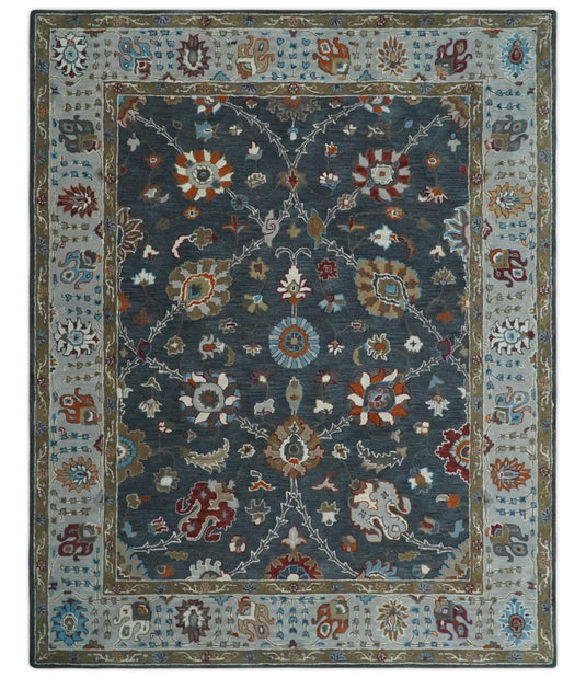 Custom Made Antique Floral Traditional Oushak Charcoal, Silver And Maroon Hand Tufted Oushak Wool Area Rug