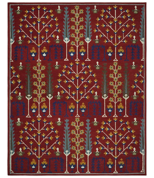 Custom Made Tree Of Life Maroon, Blue, Gray and Gold Hand Tufted Wool Area Rug