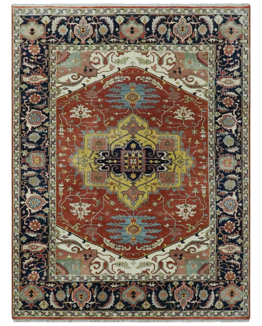 Hand Knotted Traditional Rust, Ivory, Black And Yellow Wool Rug 9x12 ft Ideal for Living, Bedroom And Dining Rooms | CP2475912