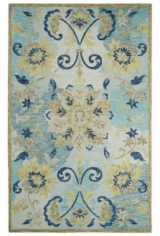 Custom Made Floral Blue, Camel, Beige And Ivory Hand Tufted Wool Area Rug