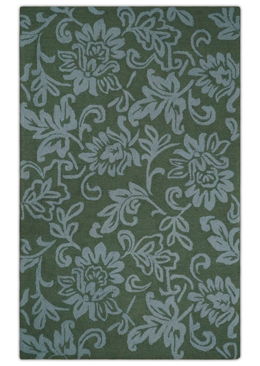 Custom Made Floral Pattern Green And Gray Hand Tufted  Wool Area Rug