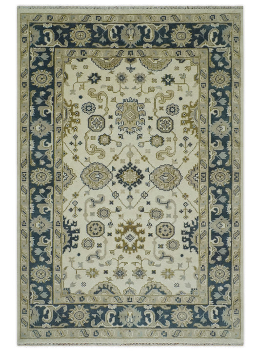 Custom Made Hand Knotted Ivory,Charcoal and Olive Oriental Oushak Rug Wool Area Rug