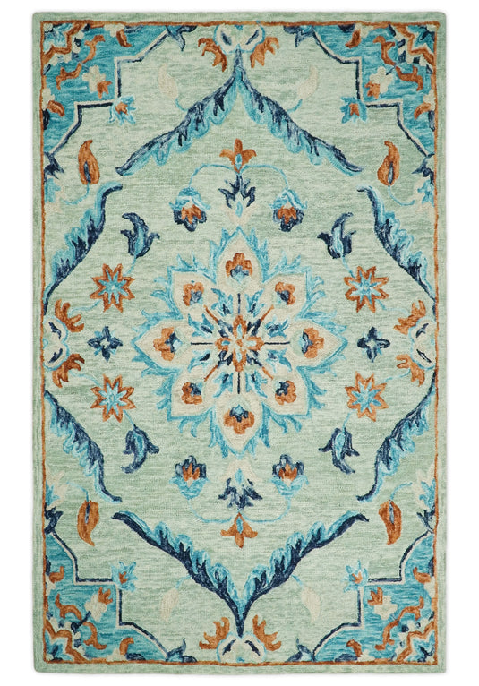 Custom Made Traditional Beige And Blue Hand Tufted Wool Area Rug