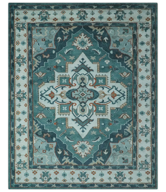 Custom Made Traditional Pattern Blue, Teal And Rust Hand Knotted Wool Area Rug