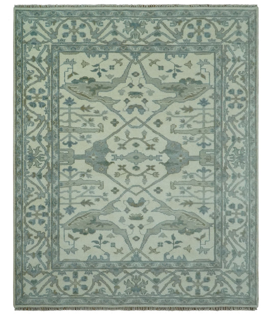 Ivory And Gray Oriental Oushak Hand Knotted Wool Rug 8x10 ft Ideal for Living, Bedroom And Dining Rooms