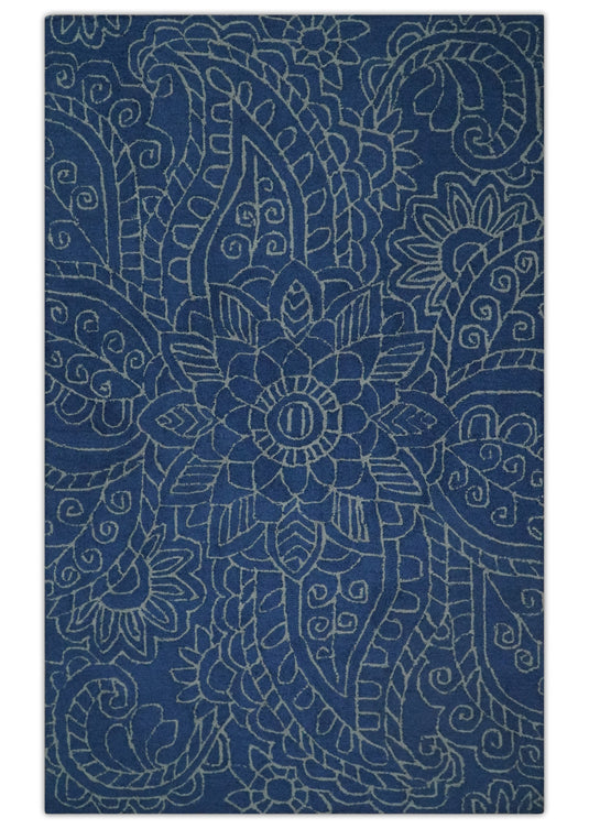 Custom Made Floral Pattern Blue And Gray Hand Tufted  Wool Area Rug