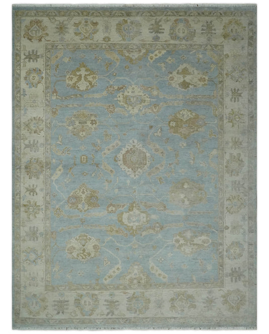 Traditional Oushak Hand Knotted Blue, Brown, Ivory and Olive 9x12 ft Bedroom, Living Room Rug ,wool Area Rug