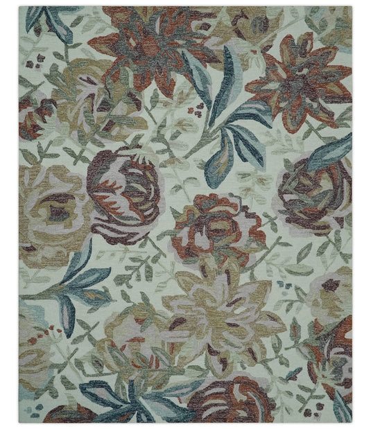 Hand Tufted Floral Green, Blue, Pink And Rust Rug 8x10 ft Ideal for Living, Bedroom And Dining Rooms