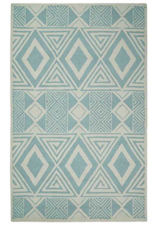 Custom Made Modern Geometrical Ivory And Sage Blue Hand Tufted Wool Area Rug