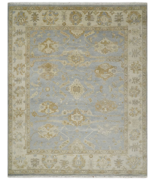 Hand Knotted Traditional Oushak Blue, Beige and Ivory 8x10 ft Bedroom, Living Room Rug ,wool Area Rug