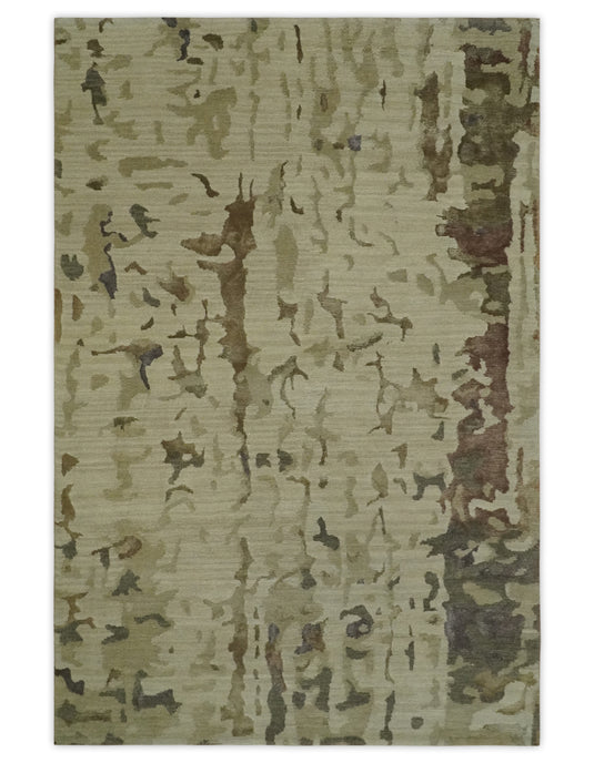 Abstract Design Hand Knotted Ivory and Brown Color 4x6 ft Bedroom, Living Room Rug Wool and Art Silk Area Rug