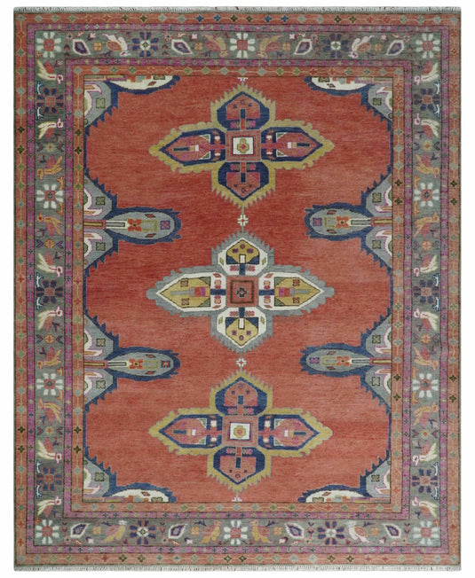 Hand Knotted Oriental Oushak Rug Rust, Grey, Blue and Ivory Multi Size Ideal for Living, Bedroom, and Dining Room