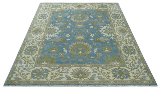 Traditional Persian Oushak Hand knotted Blue, Ivory and Olive 8x10 wool Area Rug