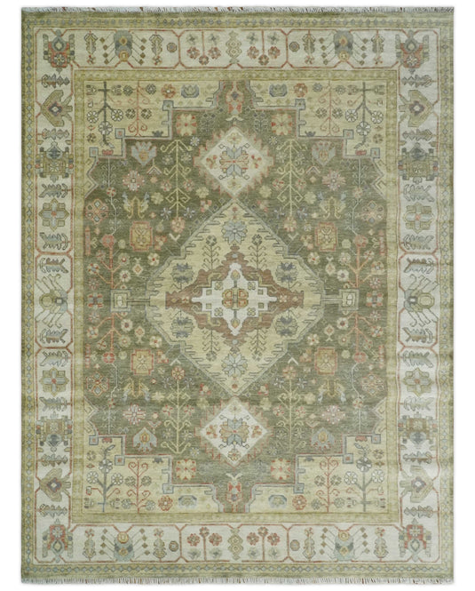 Traditional Hand knotted Ivory, Green and Beige Multi Size Traditional Heriz Serapi wool area rug