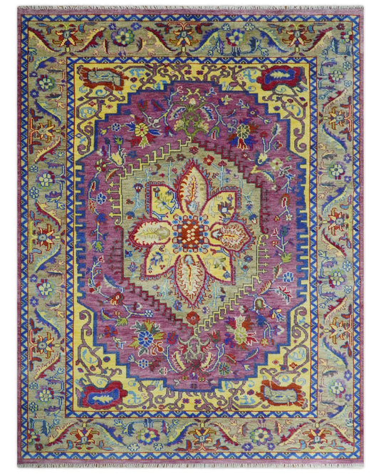 Hand Knotted Heriz Serapi Rug Purple, Mustard and Blue Multi Size Ideal for Living, Bedroom, and Dining Room