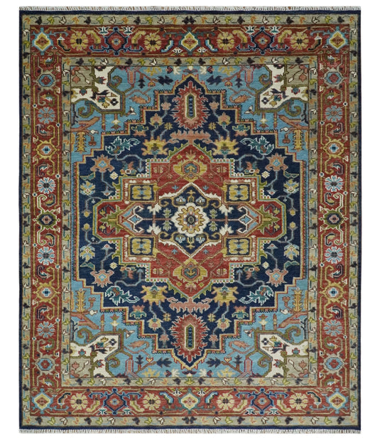 Hand Knotted Heriz Serapi Rug Blue, Rust and Aqua Multi Size Ideal for Living, Bedroom, and Dining Rooms | CP192