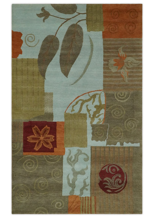 Traditional Leaf Block Print Handloom Green, Aqua and Olive 5x8 ft Bedroom, Living Room Rug , Wool  Area Rug AAOC858