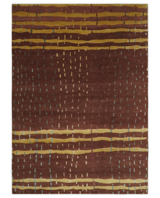 Stripe Pattern Hand knotted Brown and Gold 5x7 ft Bedroom, Living Room Rug , Wool Silk Area Rug AAOC257