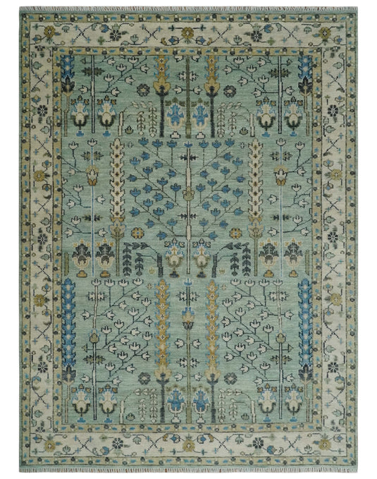 Handknotted Turkish Wool Oushak Rug, Moss Green and Ivory Tree of Life Rug CP663S