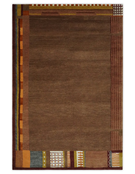 Modern Geometrical Pattern Handloom Brown and Rust 4x6 ft Bedroom, Living Room Rug , Wool, Art Silk  Area Rug AAOC946