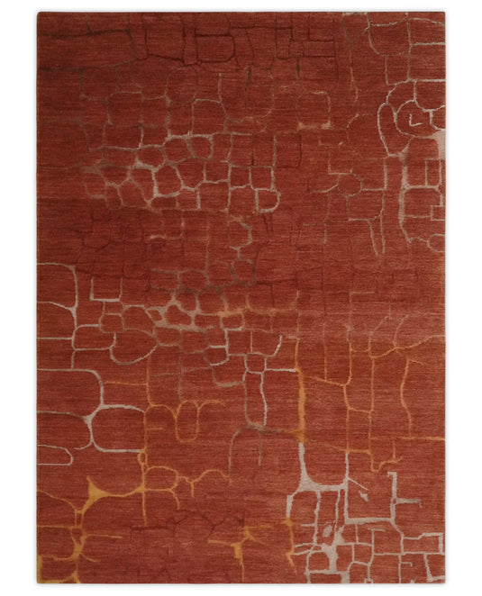 Contemporary Geometrical Pattern Handloom Rust 5x7 ft Bedroom, Living Room Rug , Wool, Art Silk  Area Rug AAOC1157