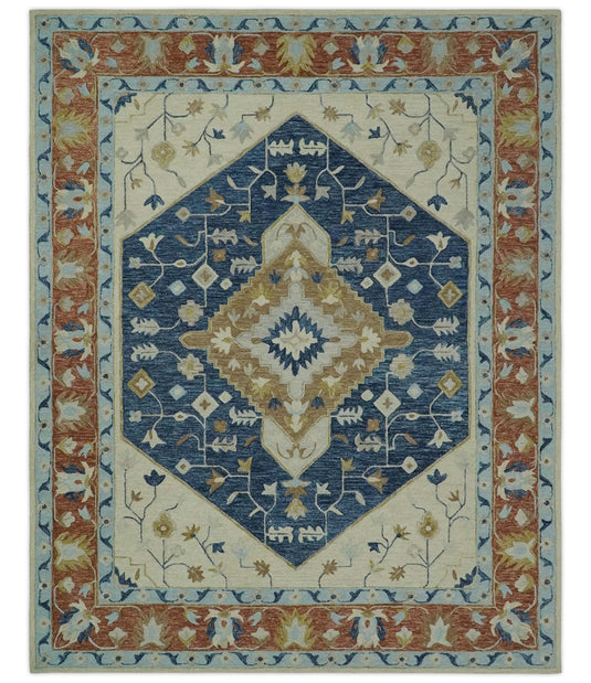 Custom Made Traditional Floral Blue, Silver, Ivory And Rust Hand Tufted wool Area Rug