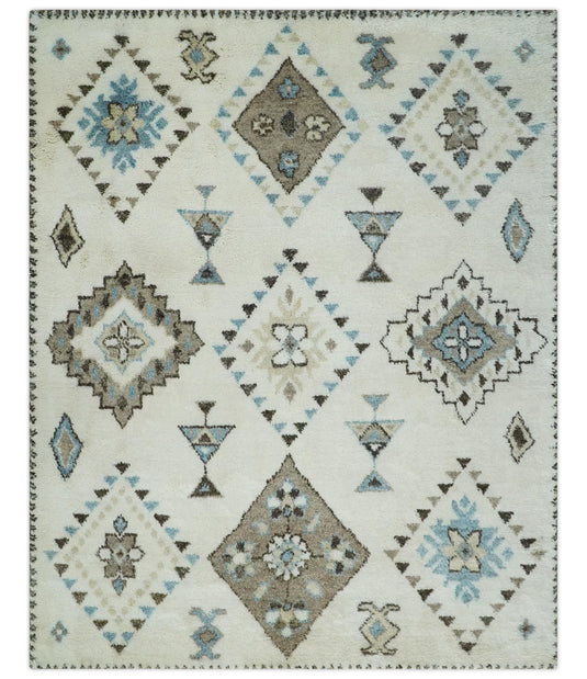 Moroccan Hand Woven Ivory, Brown and Blue 8x10 ft Bedroom, Living Room Rug, Wool Area Rug